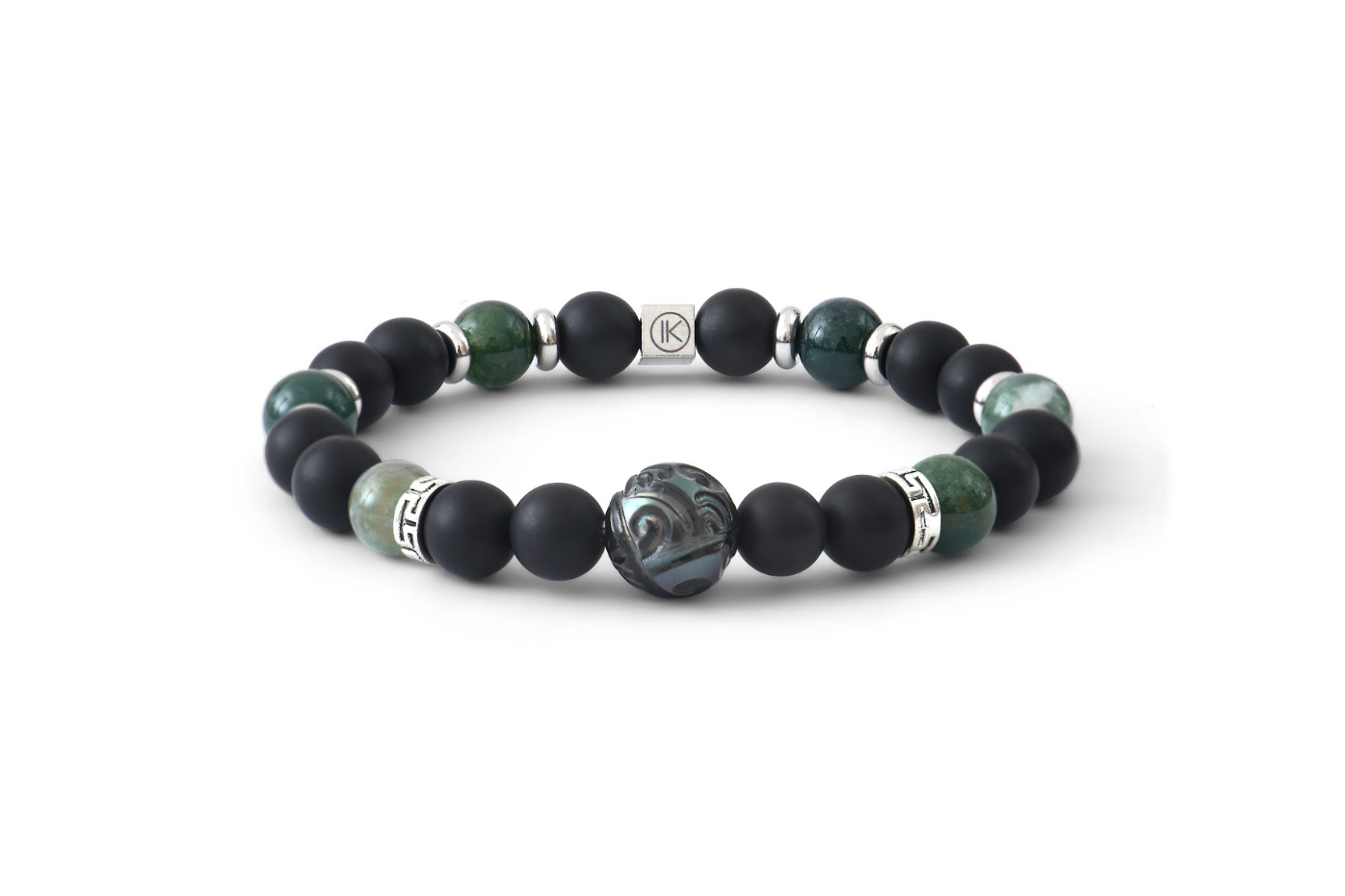 Bracelet Perle de Tahiti gravée, agate Mousse et agate Noire