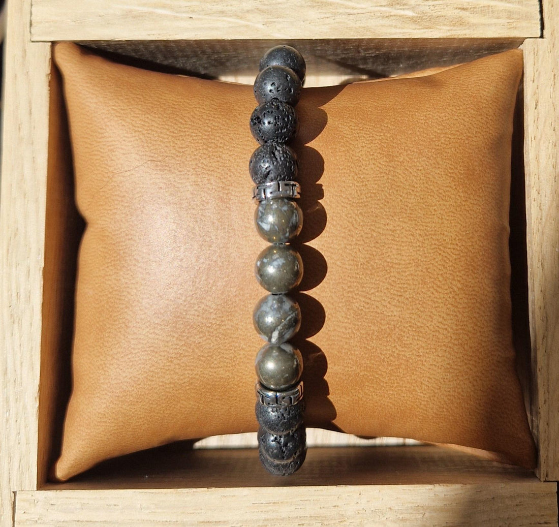 Bracelet boule homme Pyrite et Lave 8mm