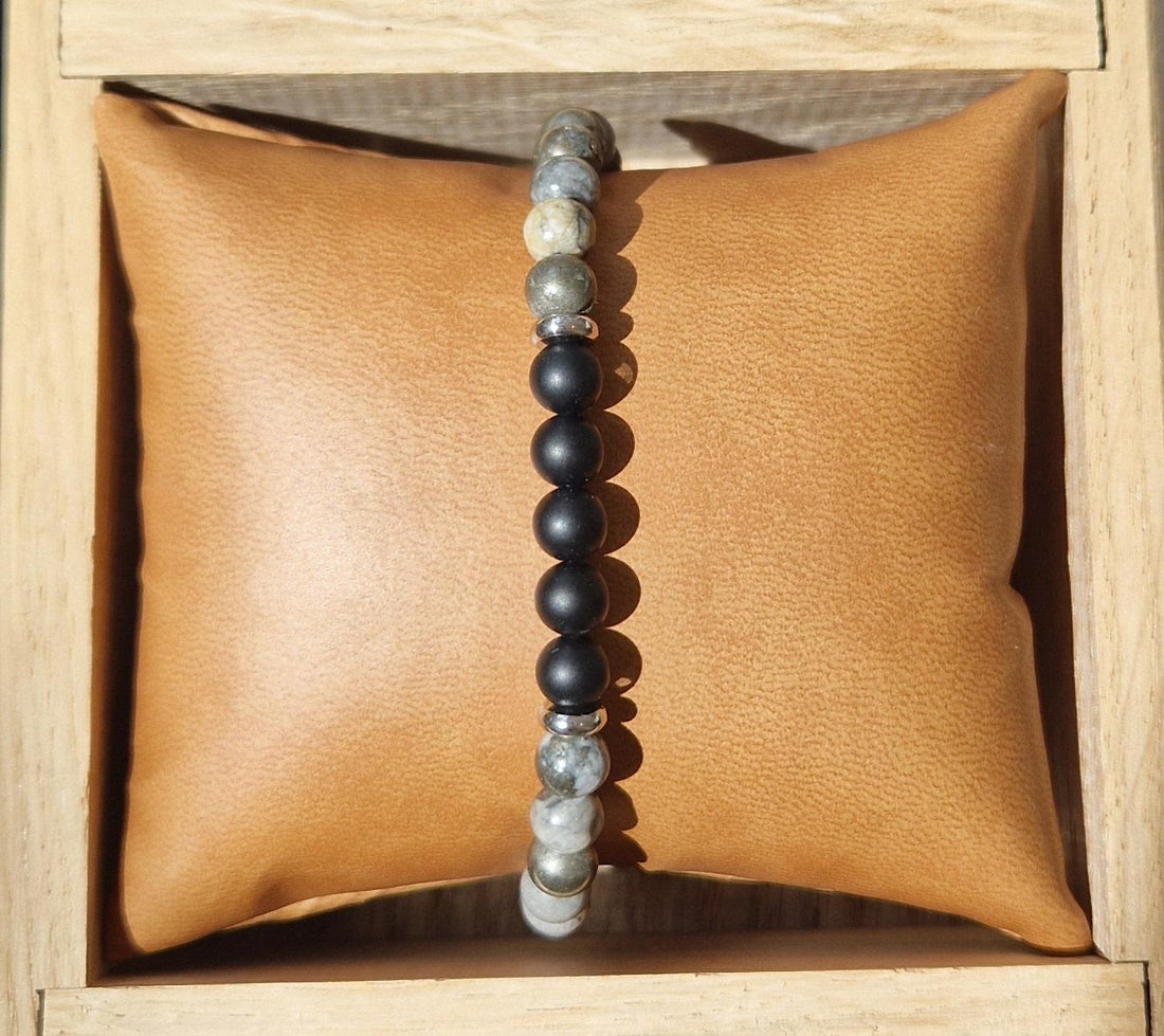Bracelet boule homme Pyrite et Agate Noire 6mm