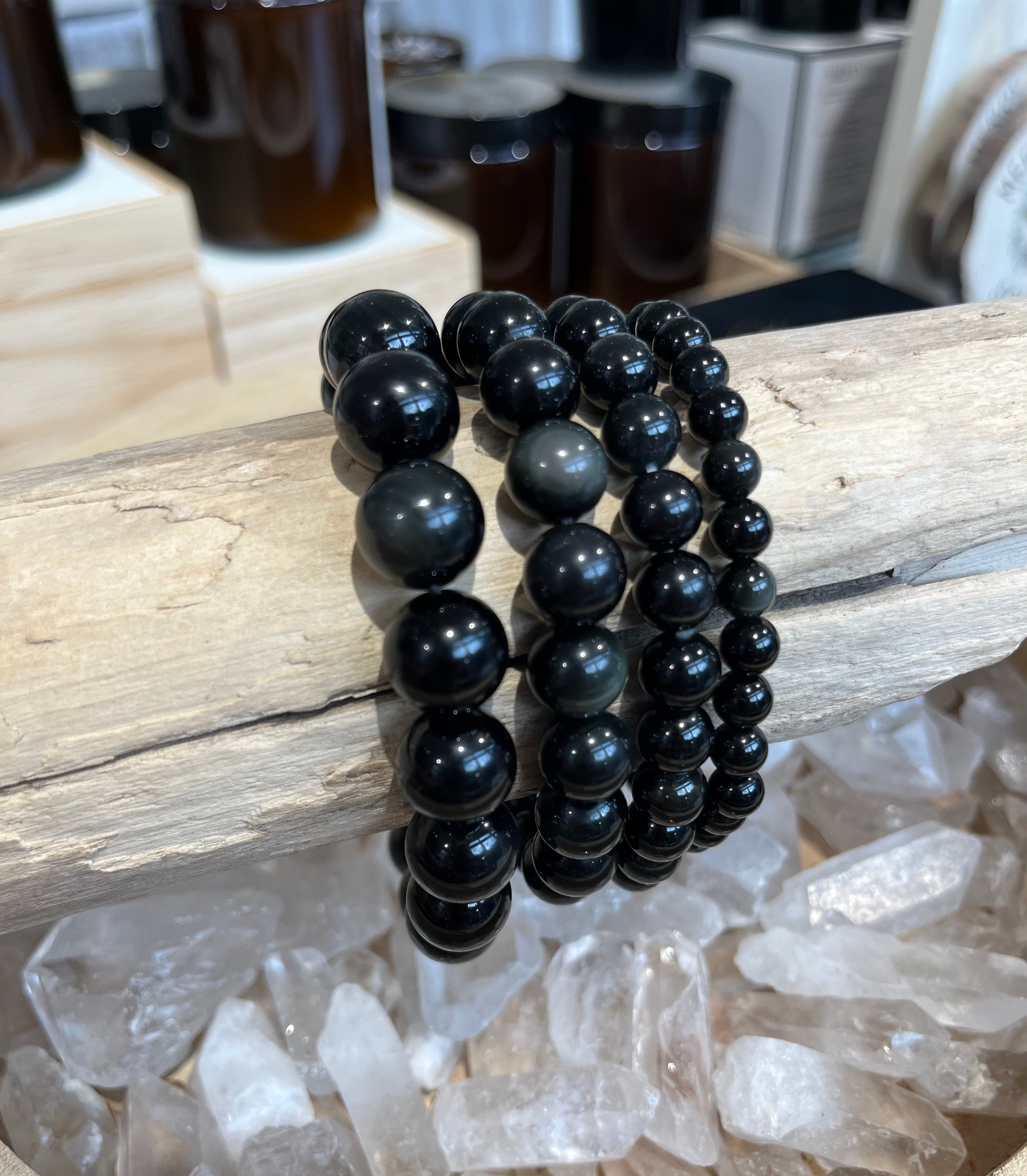 bracelet boule plusieurs tailles en obsidienne oeil céleste 